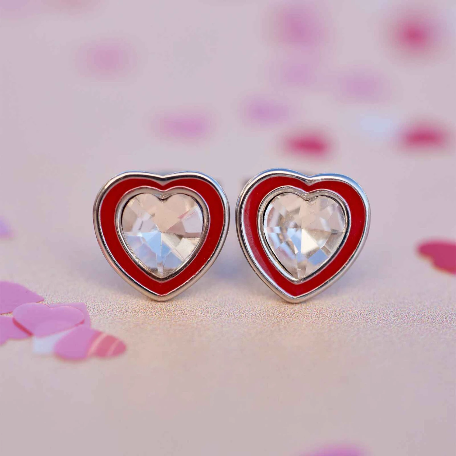 Stone & Enamel Heart Stud Earrings - Image 2
